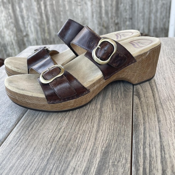 Dansko Sophie Sandals Women 8.5 39 Brown Leather Wedge Buckle Strap Slide Shoes - Picture 3 of 14